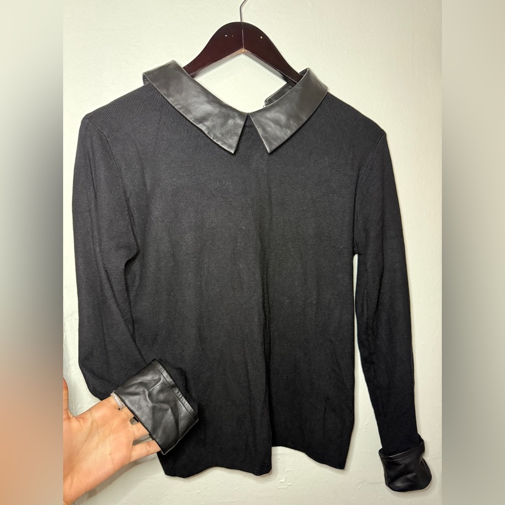 Black Sweater With Leather Collar